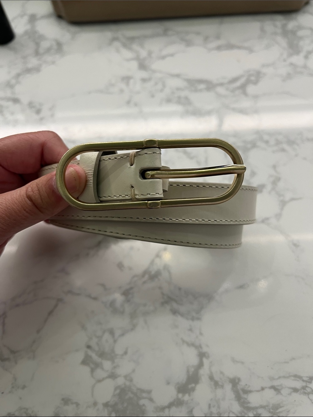 Abercrombie & Fitch Cream Leather Belt with Gold Oval Buckle